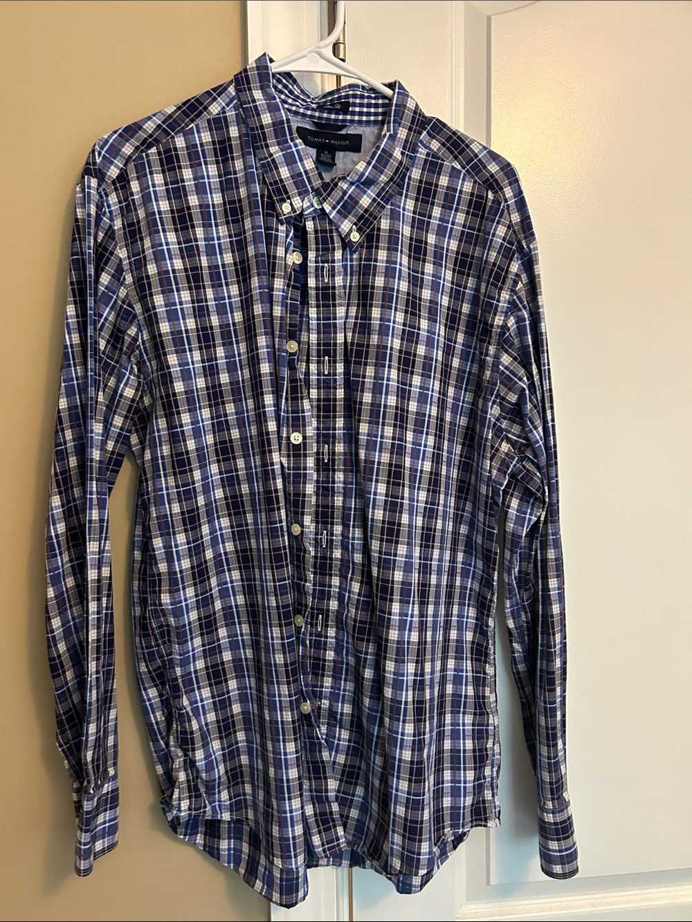 Tommy Hilfiger Blue and Brown Plaid Slim Fit Button-Down Shirt with flip cuff